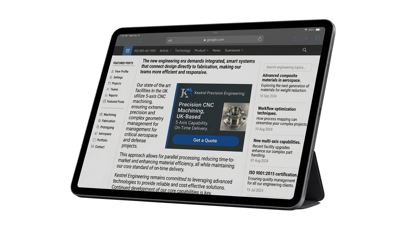 Kestrel Google Display advert shown on a tablet inside an engineering article